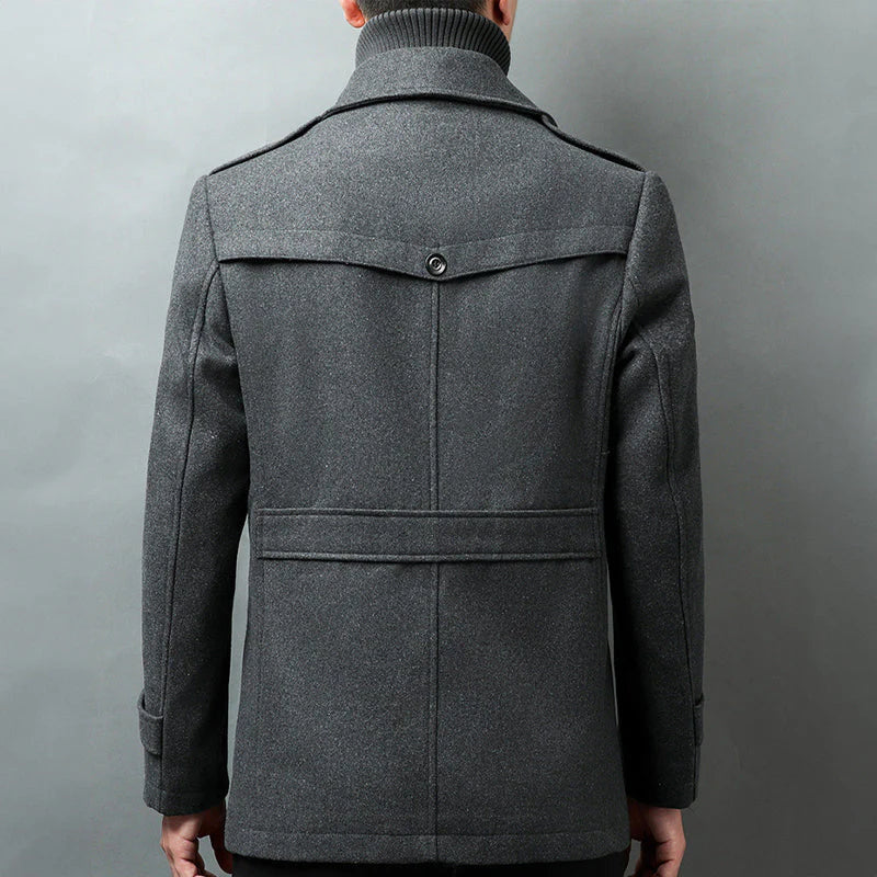 Men's Car Coat with Layered Stand Collar and Flap Pockets