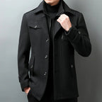 Men's Car Coat with Layered Stand Collar and Flap Pockets