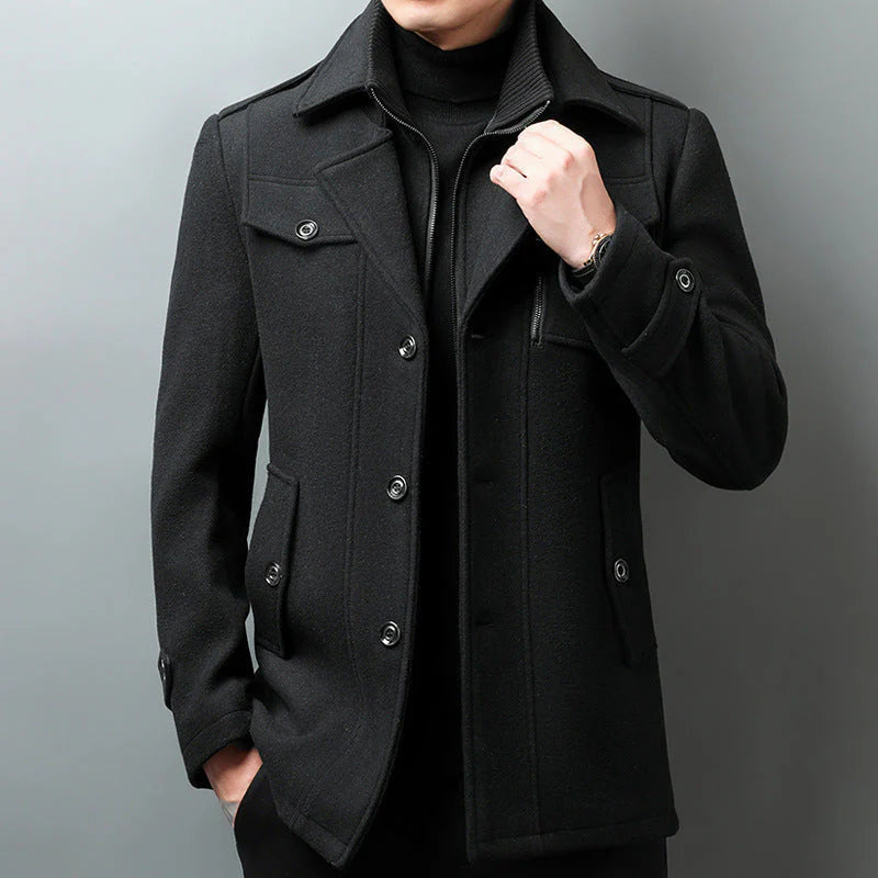 Men's Car Coat with Layered Stand Collar and Flap Pockets