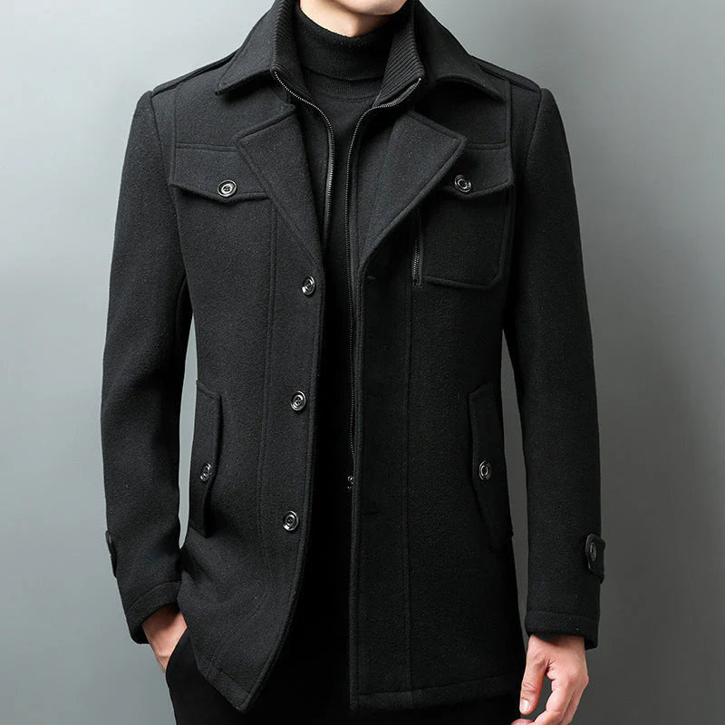 Men's Car Coat with Layered Stand Collar and Flap Pockets - Classic Black