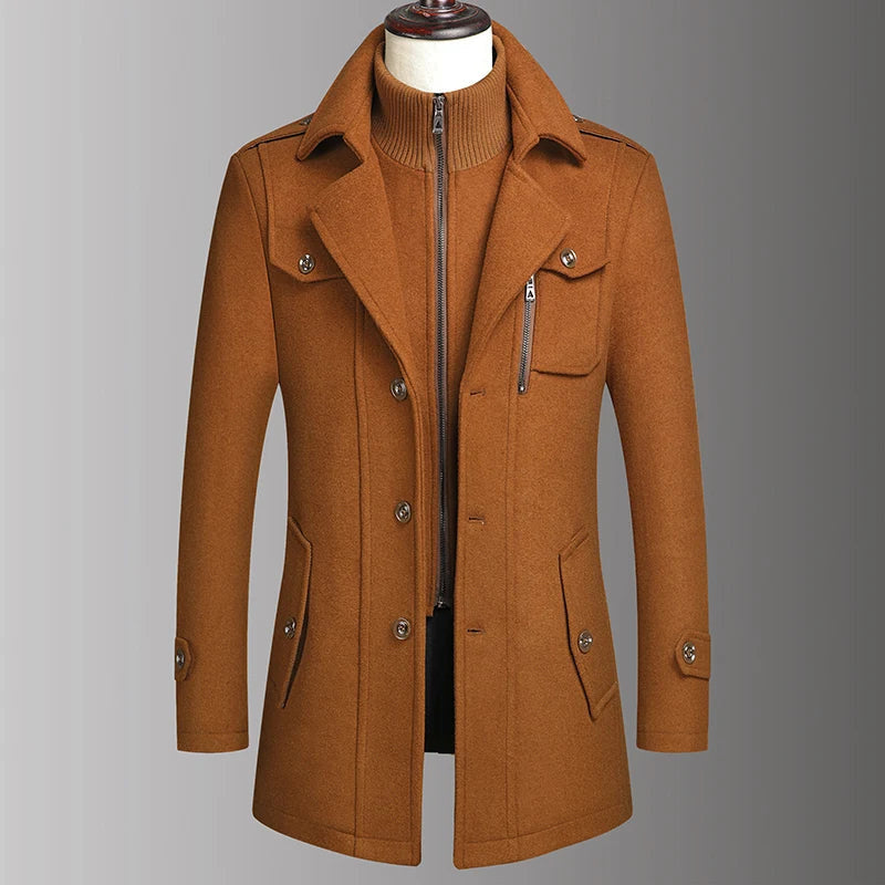 Men's Car Coat with Layered Stand Collar and Flap Pockets