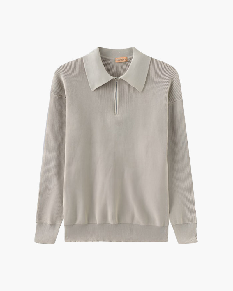 Men's Chunky Rib Knit Half-Zip Sweater with Collar - Light Gray