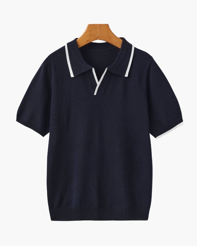 Men's Contrast Tipped Knit Polo Shirt with Short Sleeves - Navy