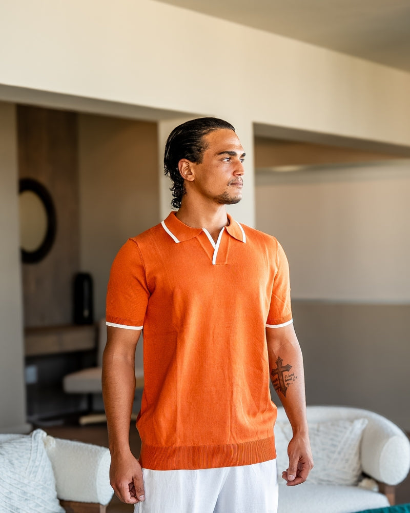 Men's Contrast Tipped Knit Polo Shirt with Short Sleeves