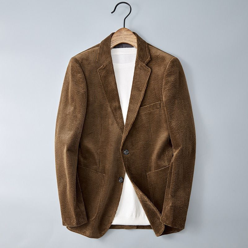 Men's Corduroy Blazer with Two-Button Front and Flap Pockets - Brown