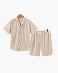 Men's Corduroy Camp Collar Shirt and Drawstring Shorts Set - Beige