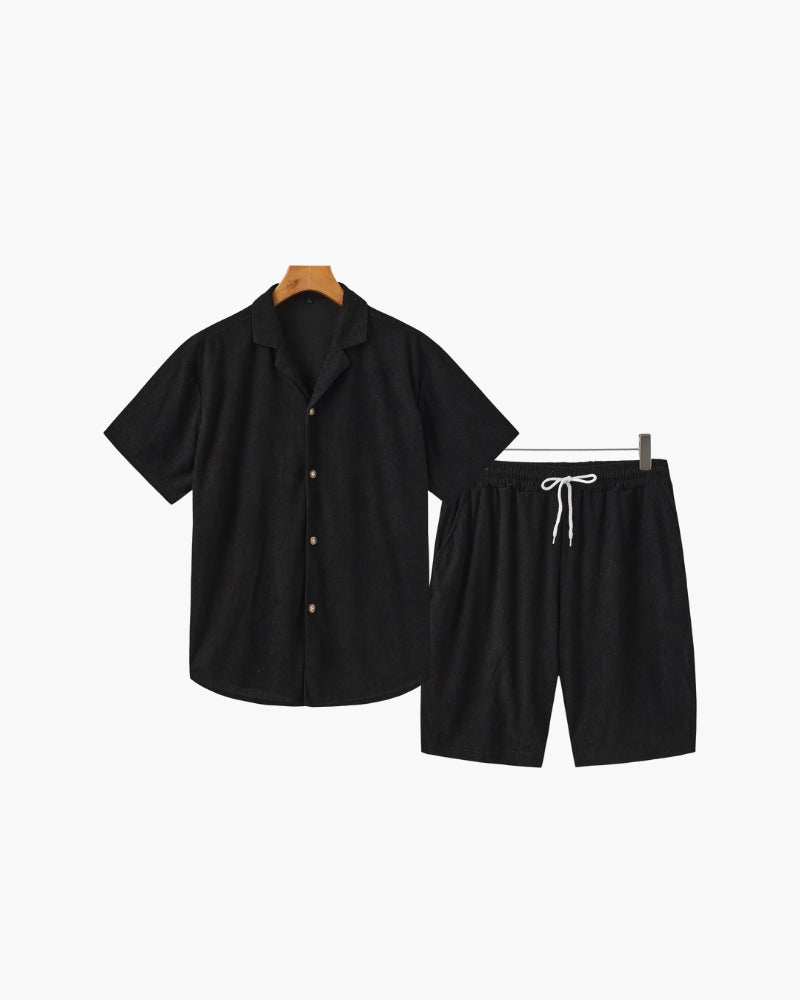 Men's Corduroy Camp Collar Shirt and Drawstring Shorts Set - Black
