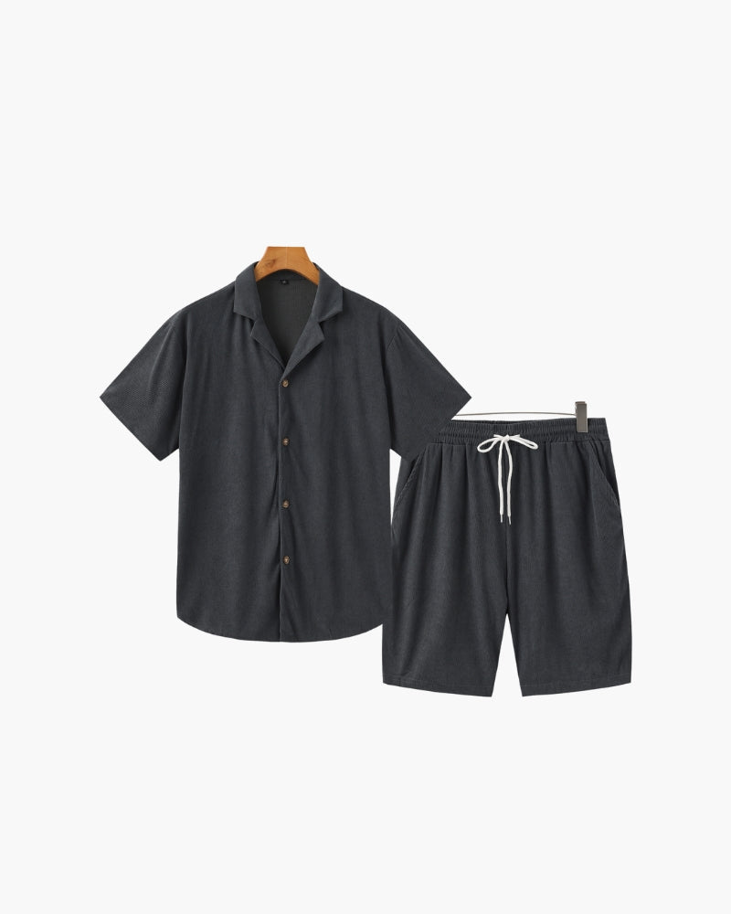 Men's Corduroy Camp Collar Shirt and Drawstring Shorts Set