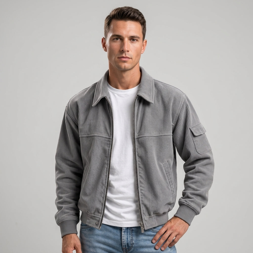 Men's Corduroy Jacket with Zip Front and Spread Collar - Slate Gray