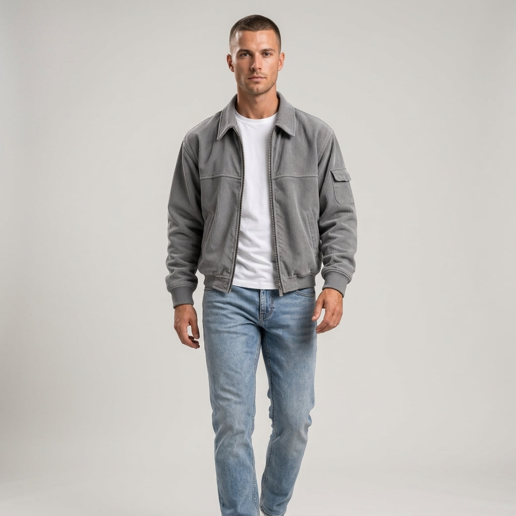 Men's Corduroy Jacket with Zip Front and Spread Collar