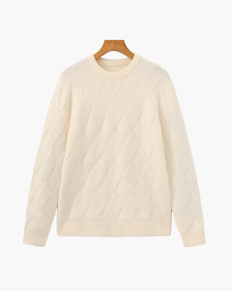Men's Diamond Knit Crew Neck Sweater with Ribbed Hem - Beige
