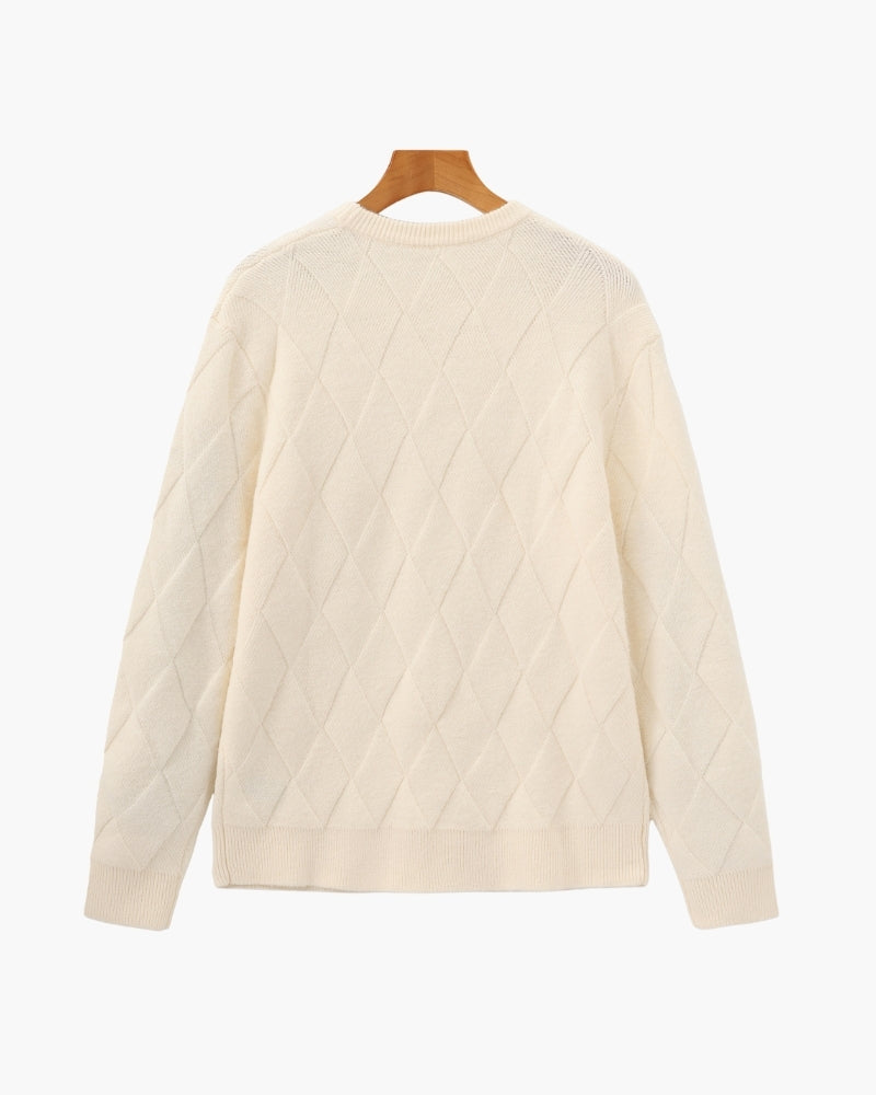 Men's Diamond Knit Crew Neck Sweater with Ribbed Hem