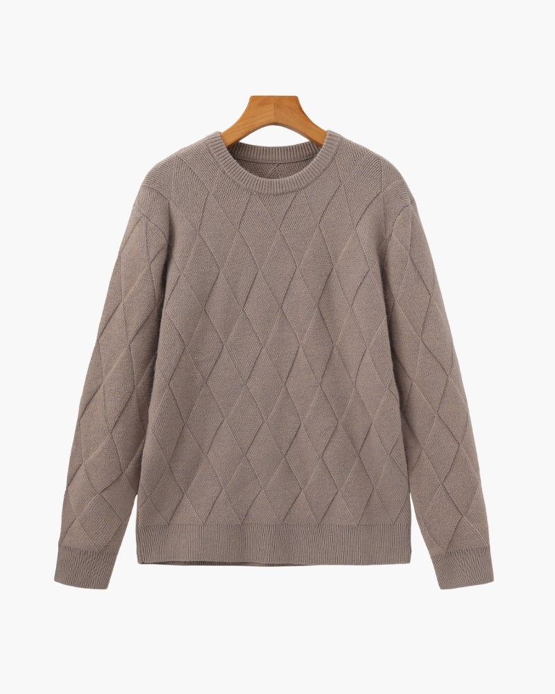 Men's Diamond Knit Crew Neck Sweater with Ribbed Hem - Mocha