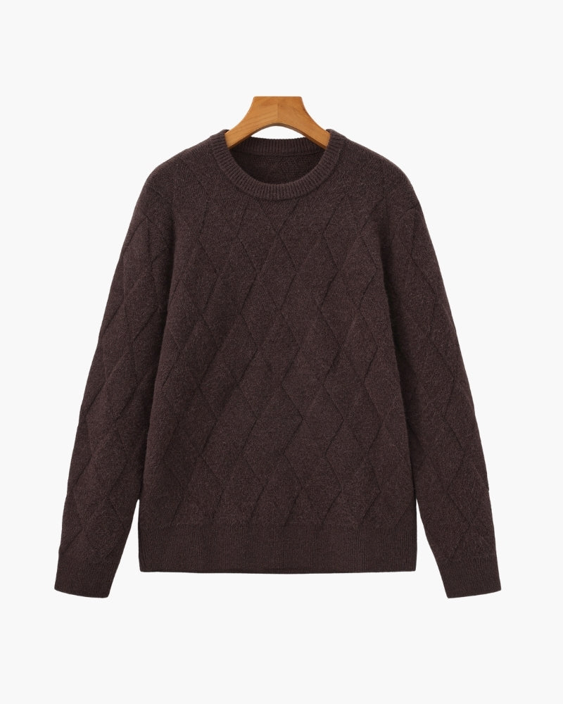 Men's Diamond Knit Crew Neck Sweater with Ribbed Hem - Dark Brown