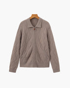 Men's Diamond Knit Zip Cardigan with Spread Collar - Mocha