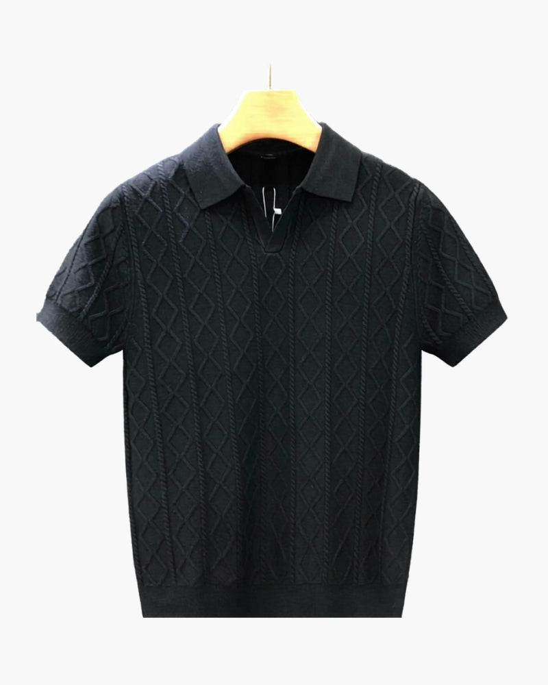 Men's Diamond Texture Knit Polo Shirt with Short Sleeves - Black