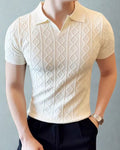 Men's Diamond Texture Knit Polo Shirt with Short Sleeves - White