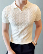 Men's Diamond Texture Knit Polo Shirt with Short Sleeves - White