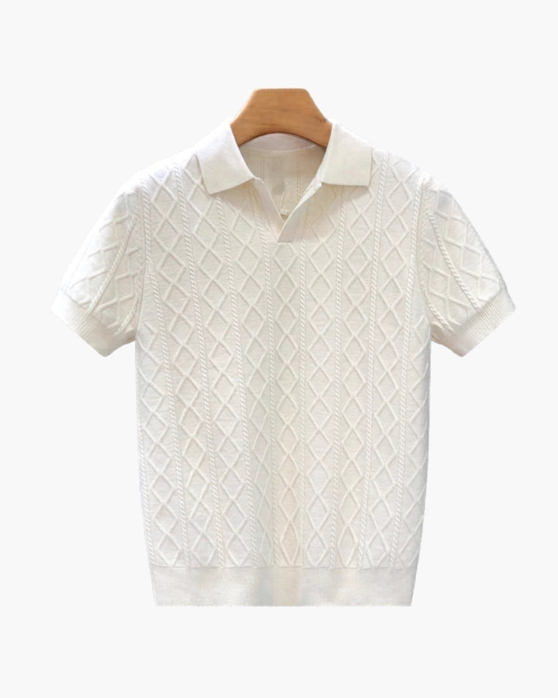 Men's Diamond Texture Knit Polo Shirt with Short Sleeves