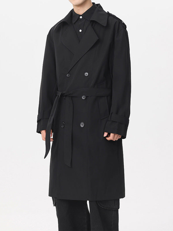 Men's Double-Breasted Belted Trench Coat with Epaulettes