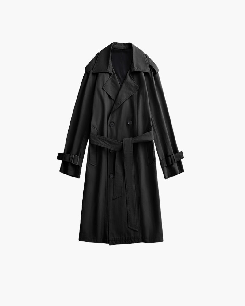 Men's Double-Breasted Belted Trench Coat with Epaulettes - Black