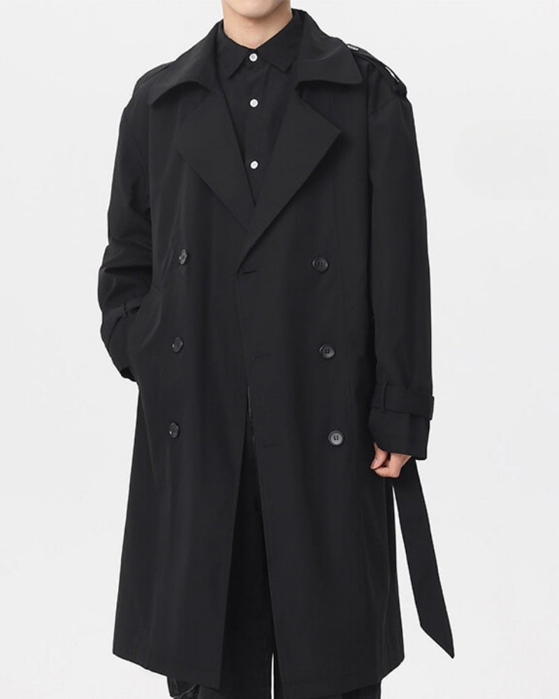 Men's Double-Breasted Belted Trench Coat with Epaulettes
