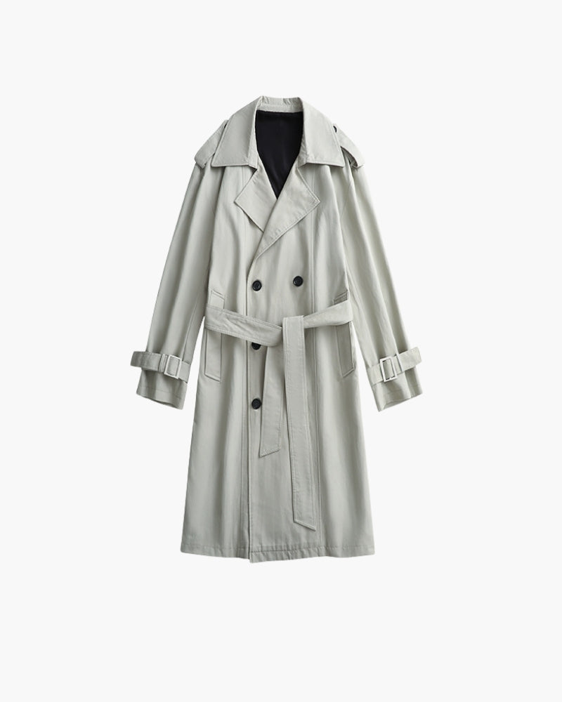 Men's Double-Breasted Belted Trench Coat with Epaulettes - Green