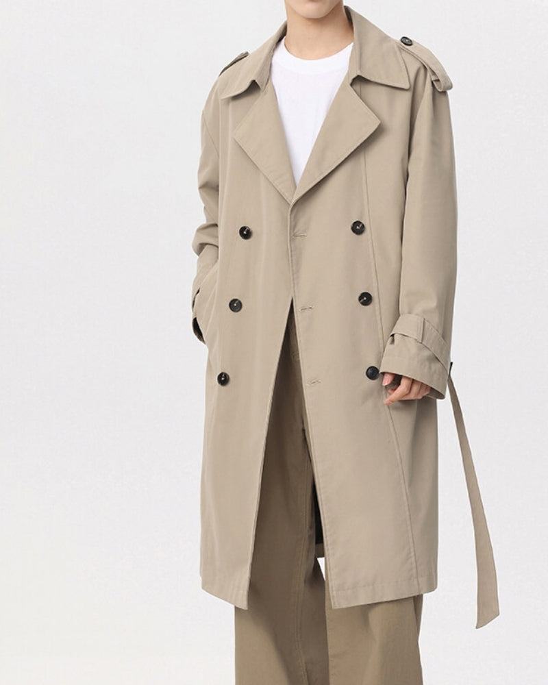 Men's Double-Breasted Belted Trench Coat with Epaulettes - Beige