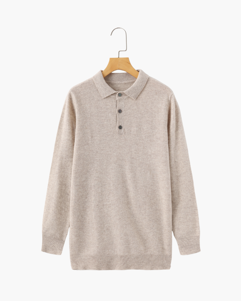 Men's Fine Knit Long Sleeve Polo Sweater with Buttons - Beige