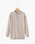 Men's Fine Knit Long Sleeve Polo Sweater with Buttons - Beige