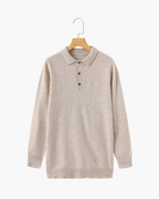 Men's Fine Knit Long Sleeve Polo Sweater with Buttons - Beige