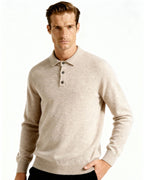 Men's Fine Knit Long Sleeve Polo Sweater with Buttons