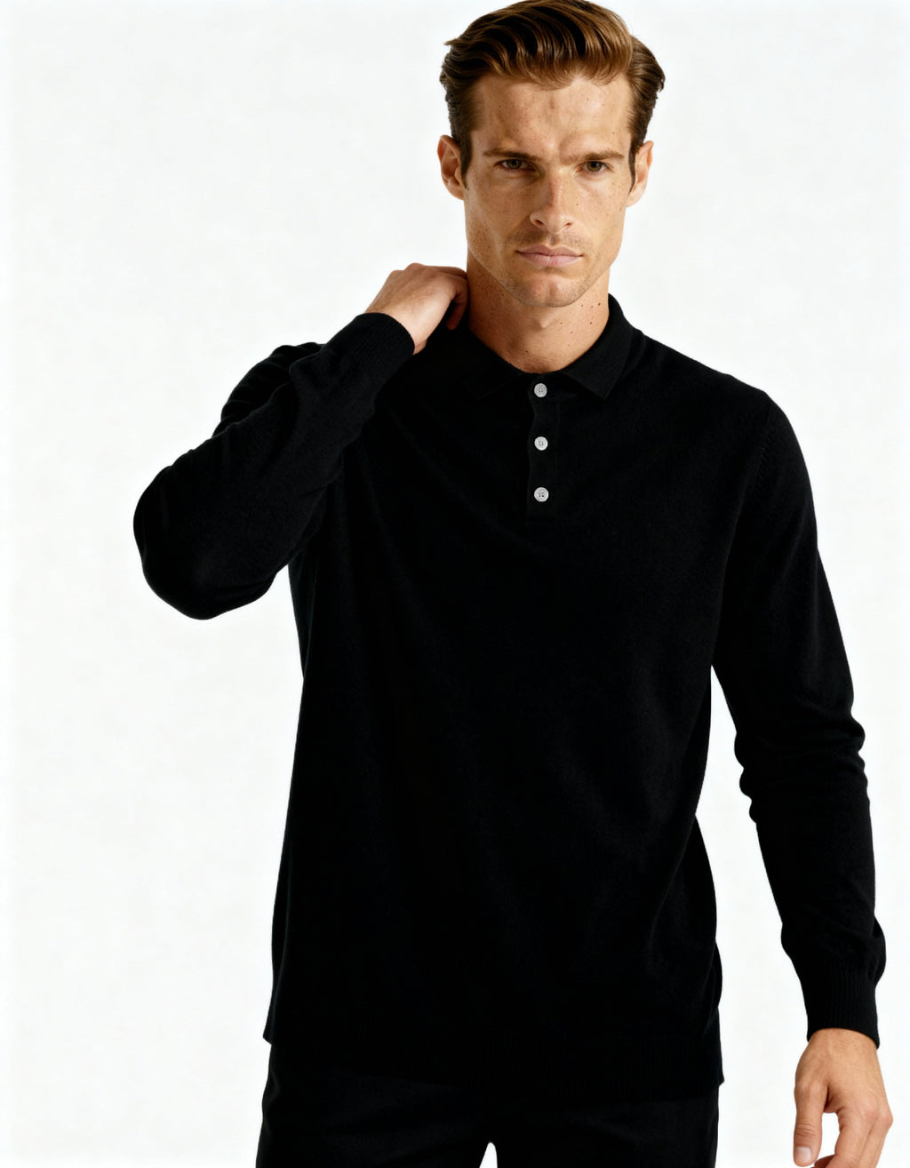 Men's Fine Knit Long Sleeve Polo Sweater with Buttons