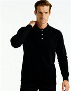 Men's Fine Knit Long Sleeve Polo Sweater with Buttons