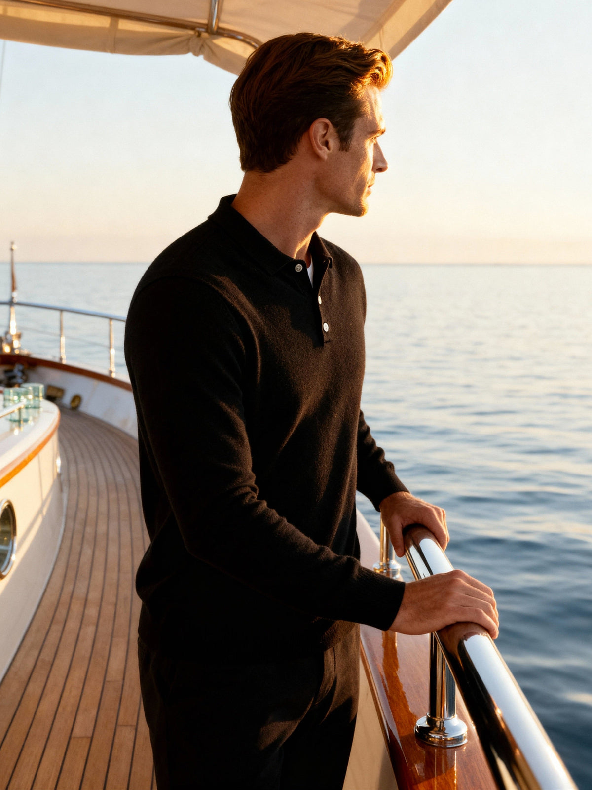 Men's Fine Knit Long Sleeve Polo Sweater with Buttons