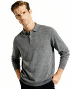 Men's Fine Knit Long Sleeve Polo Sweater with Buttons