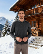 Men's Fine Knit Long Sleeve Polo Sweater with Buttons