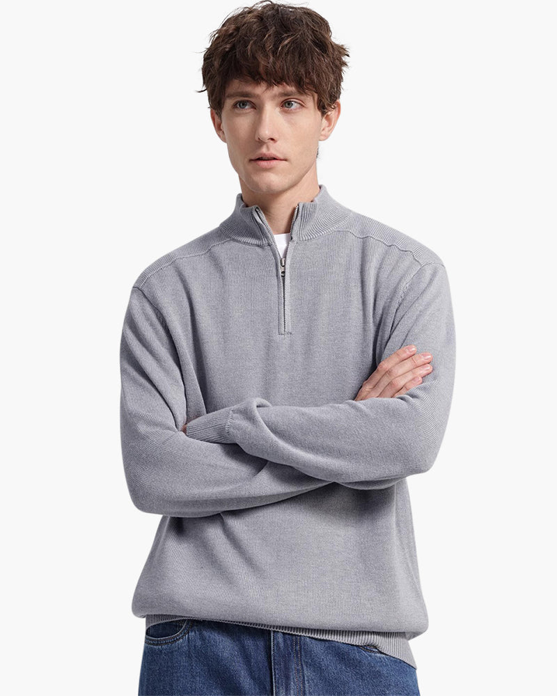 Men's Fine-Knit Quarter-Zip Sweater with Ribbed Trims