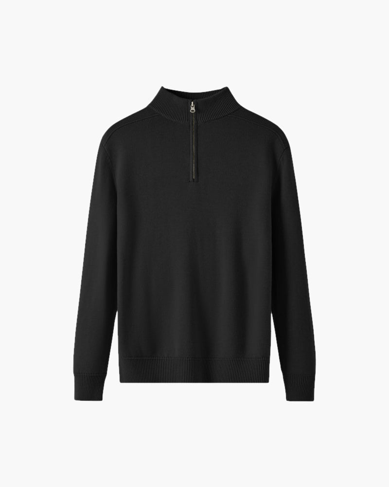 Men's Fine-Knit Quarter-Zip Sweater with Ribbed Trims - Black