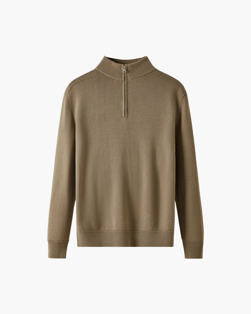 Men's Fine-Knit Quarter-Zip Sweater with Ribbed Trims - Beige