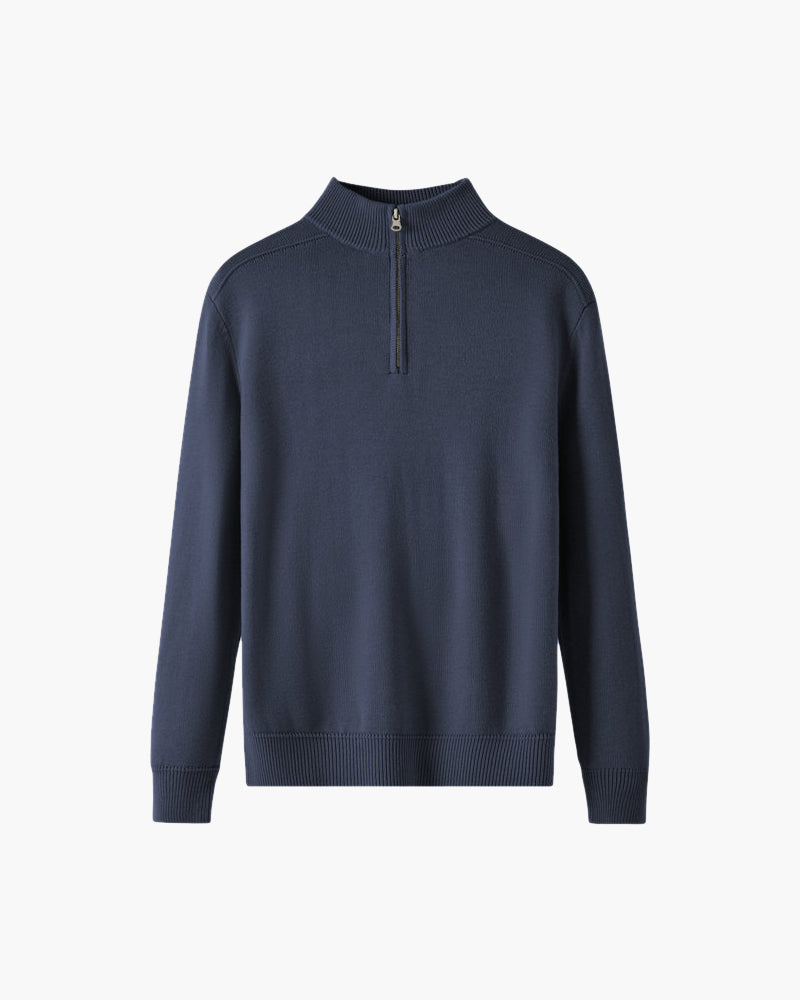 Men's Fine-Knit Quarter-Zip Sweater with Ribbed Trims - Navy