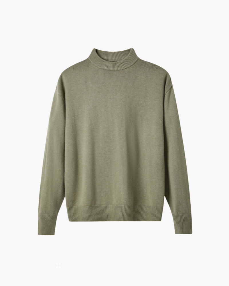 Men's Fine-Knit Turtleneck Sweater with Ribbed Cuffs - Green