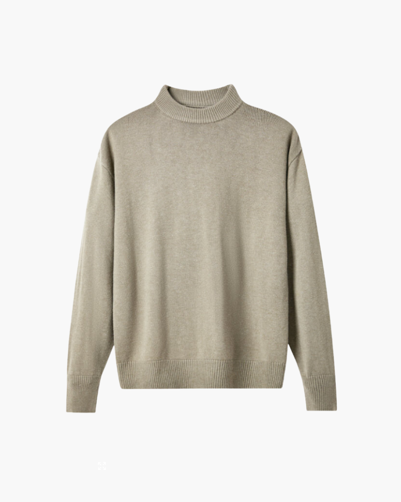 Men's Fine-Knit Turtleneck Sweater with Ribbed Cuffs - Beige