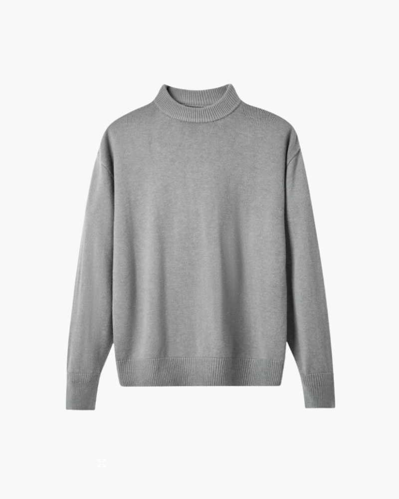 Men's Fine-Knit Turtleneck Sweater with Ribbed Cuffs - Gray