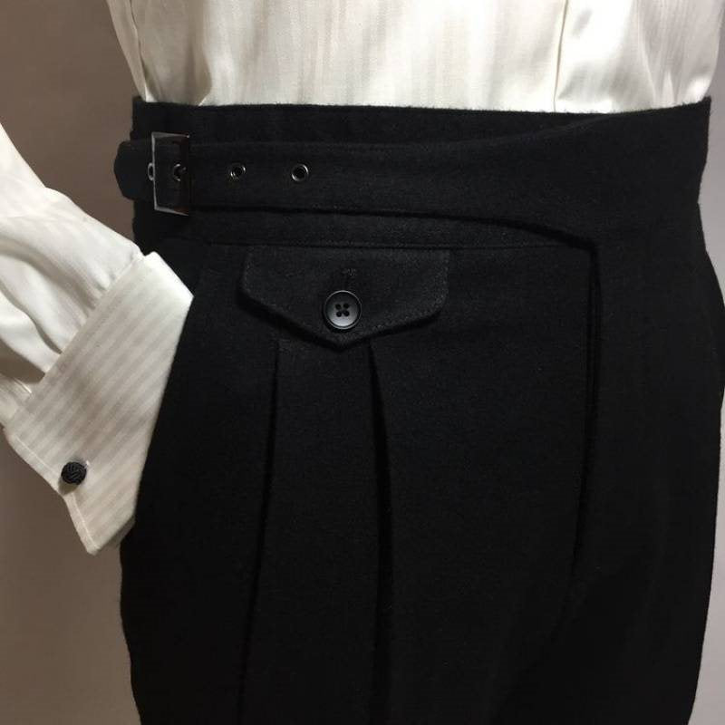 Men's Gurkha Pants with Buckled Waistband and Pleats - Classic Black