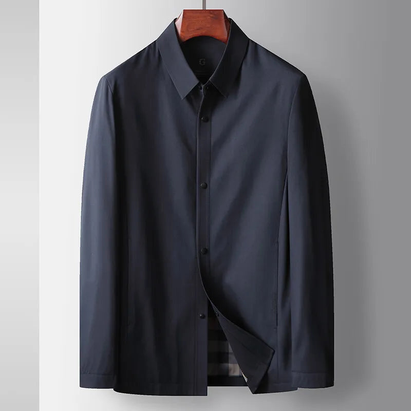 Men's Harrington-Style Shirt Jacket with Gingham Lining - Navy Blue