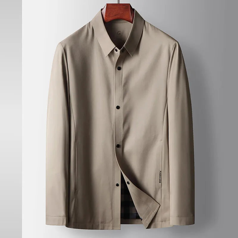 Men's Harrington-Style Shirt Jacket with Gingham Lining - Khaki