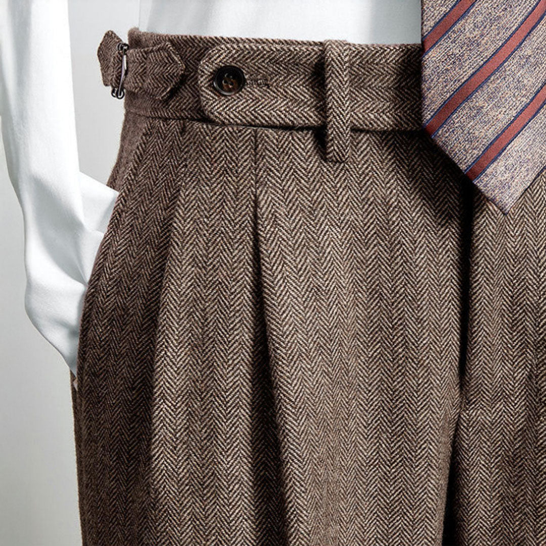Men's Herringbone Gurkha Trousers with Pleated Front - Coffee