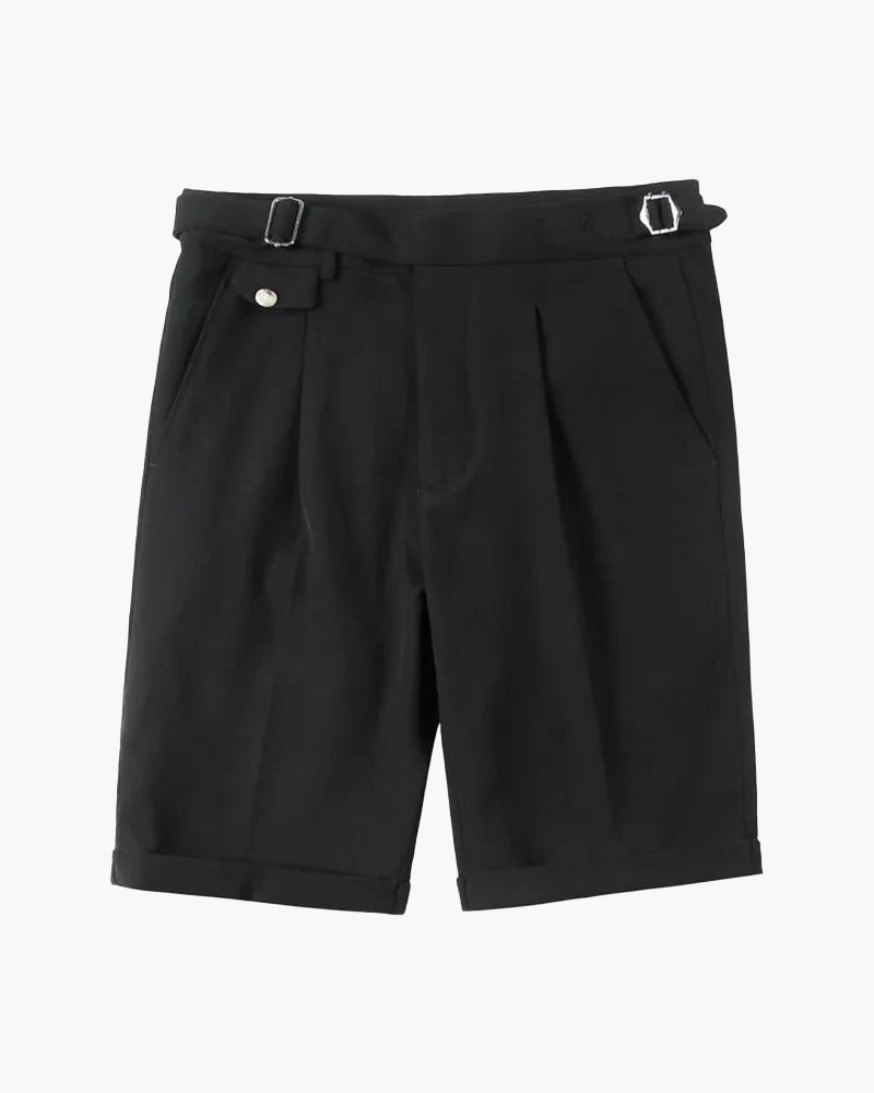 Men's High Waist Pleated Shorts with Side Adjusters - Black