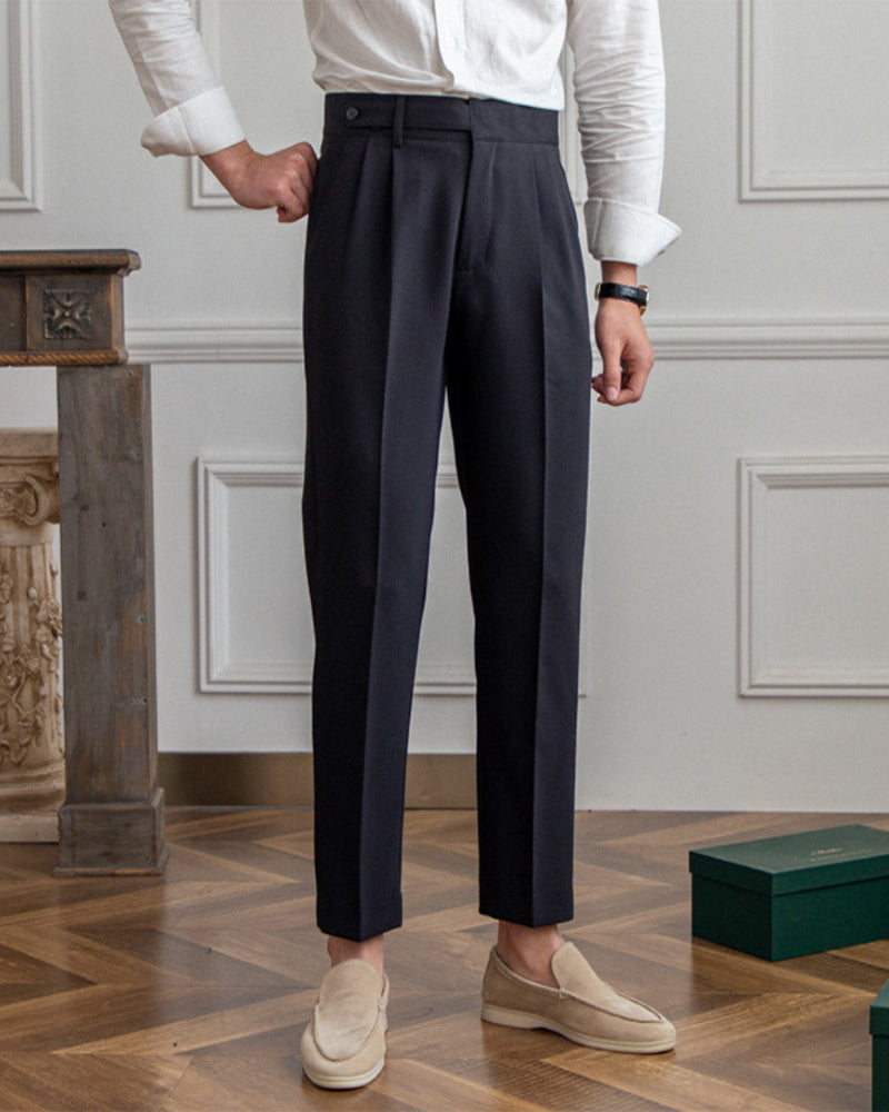 Men's High Waist Pleated Trousers with Side Adjusters